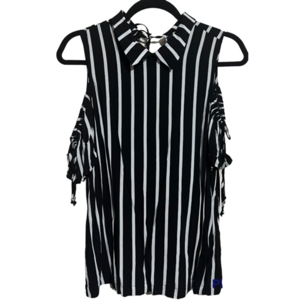 Lily White Ladies Black White Striped Open Shoulder Blouse L